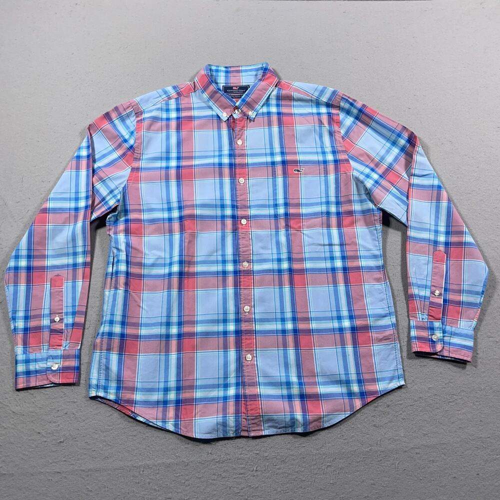 Vineyard Vines Shirt‎ Men Large Blue Pink Slim Fit Tucker Summer Casual